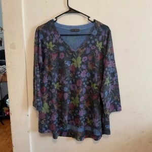 Nally & Millie Floral V-Neck Blouse in Blue, Purple, Green